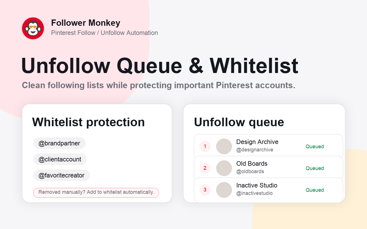 Pinterest unfollow queue and whitelist screenshot for Follower Monkey